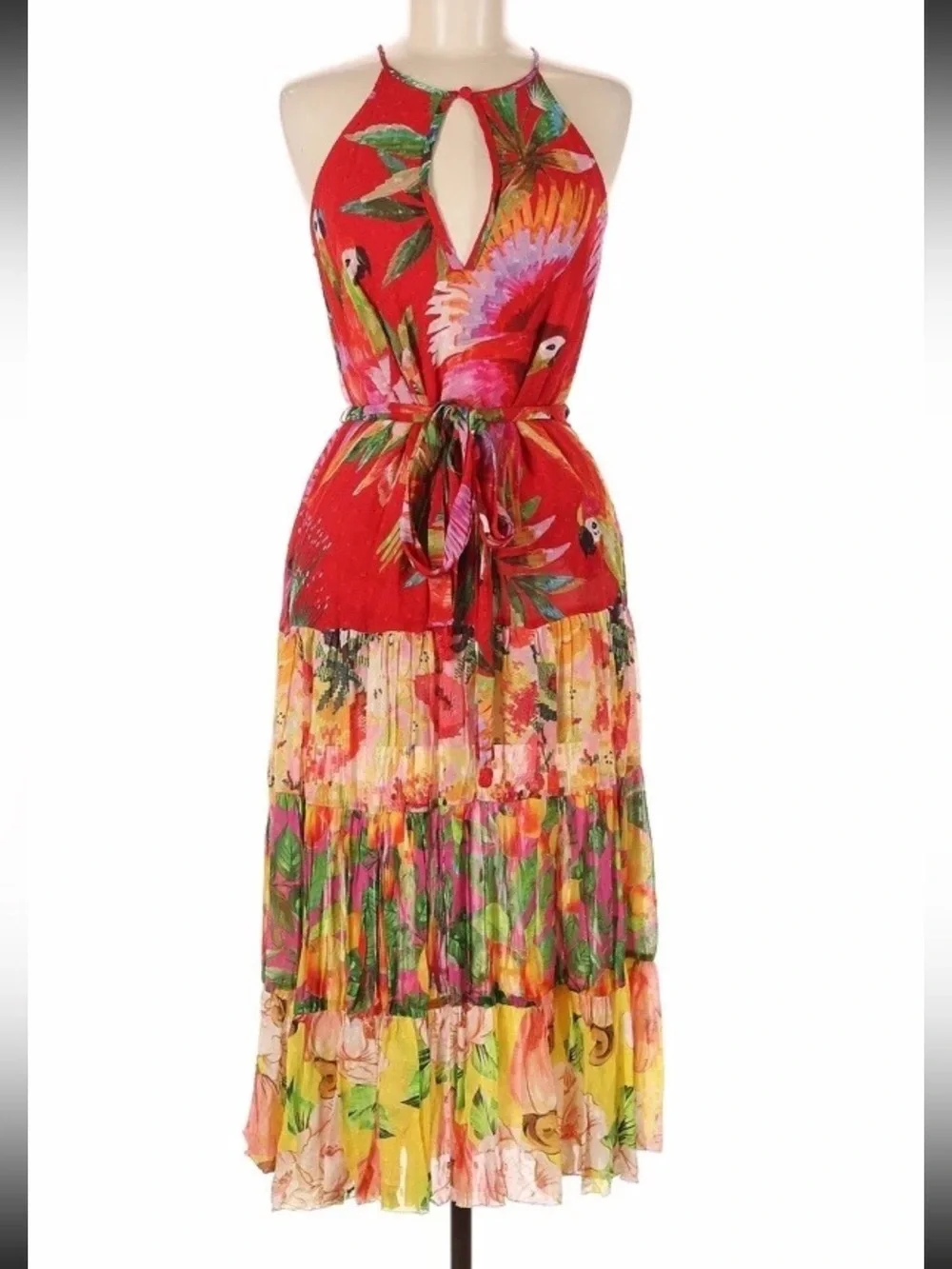 NWT Farm Rio x Anthropologie Red Tropical Halter Midi Dress Size S